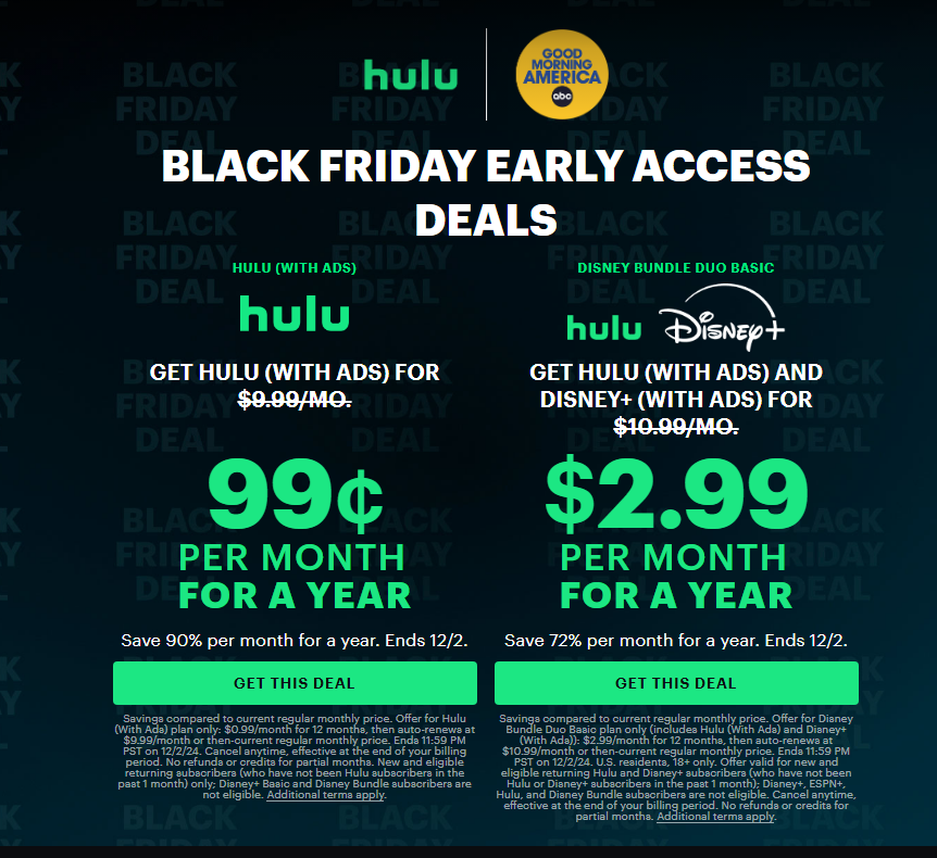 hulu今年黑五促销,Hulu 0.99刀每月，Hulu加Disney+ 2.99刀每月