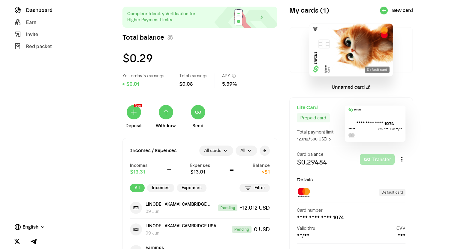 infini虚拟卡.不用kyc,可绑定VX、ZF宝,过kyc之后不限额度