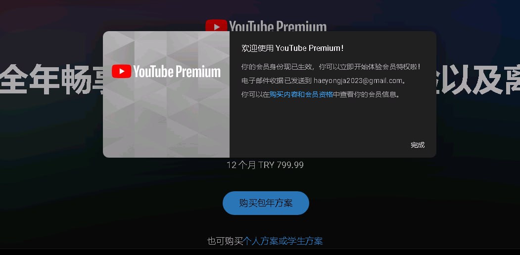 如何订阅土耳其youtube premium,年付799里拉,返利300里拉,仅499里拉(12.5美元一年)