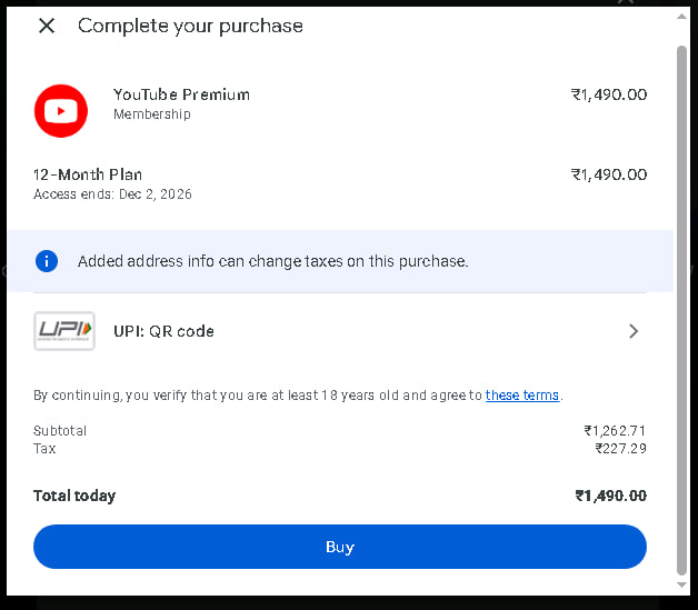 印度youtube premium年付约INR 1490