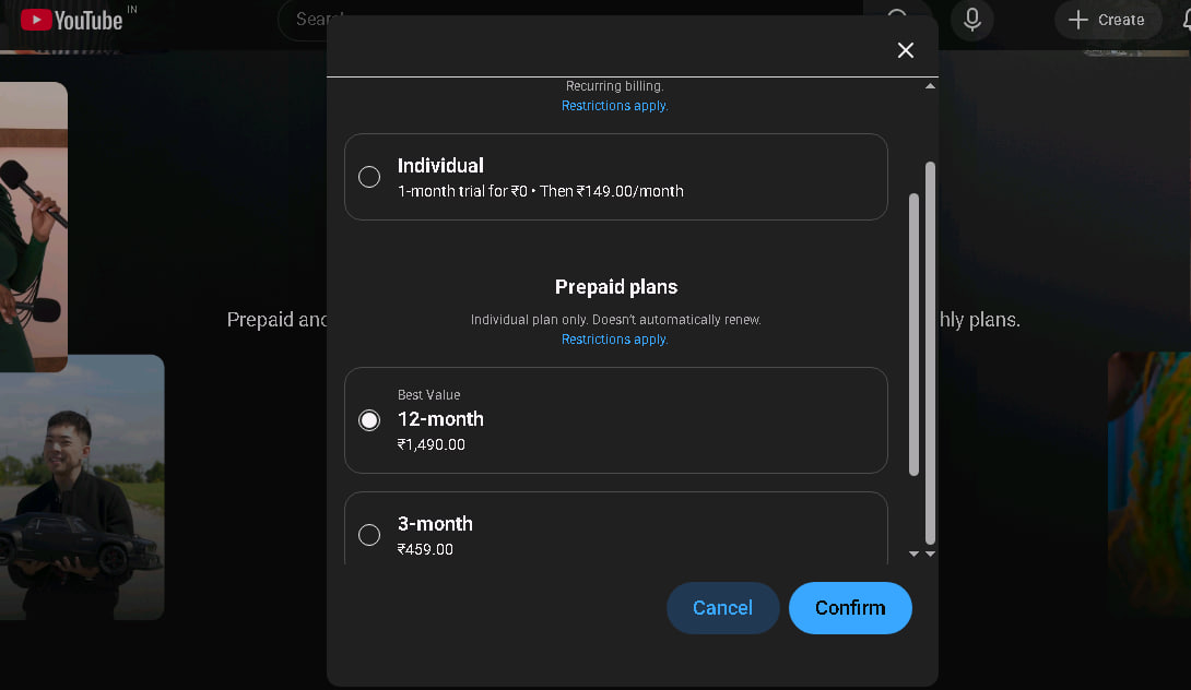 印度youtube premium年付约INR 1490