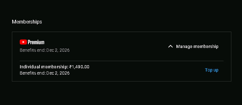 印度youtube premium年付约INR 1490