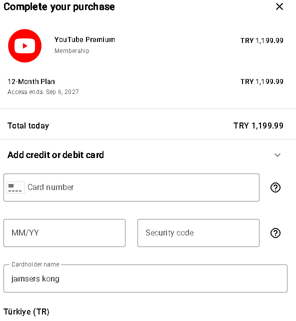 土耳其youtube premium 個人plan 年付只需1199.99里拉,需要土耳其卡支付,可以代購 土耳其youtube premium 個人plan 年付只需1199.99里拉,需要土耳其卡支付,可以代購